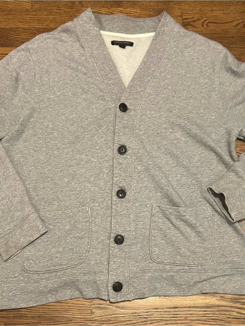 Collegiate Gray Lightweight Knit Cardigan with cream stripes on sleeve 0158
